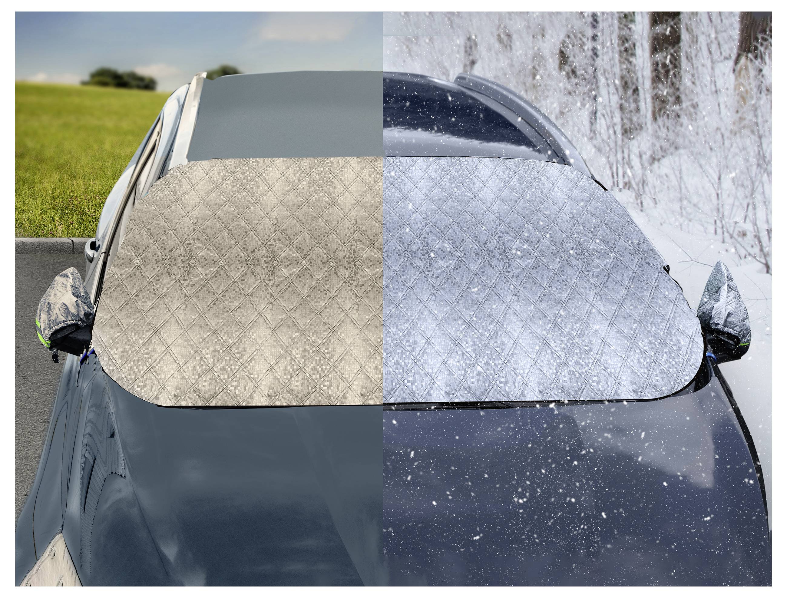 Ein Auto mit einer Windschutzscheibenabdeckung, die sich zwischen einer sonnigen, grünen Landschaft und einer verschneiten, frostigen Szene teilt und so den Schutz in verschiedenen Jahreszeiten veranschaulicht.