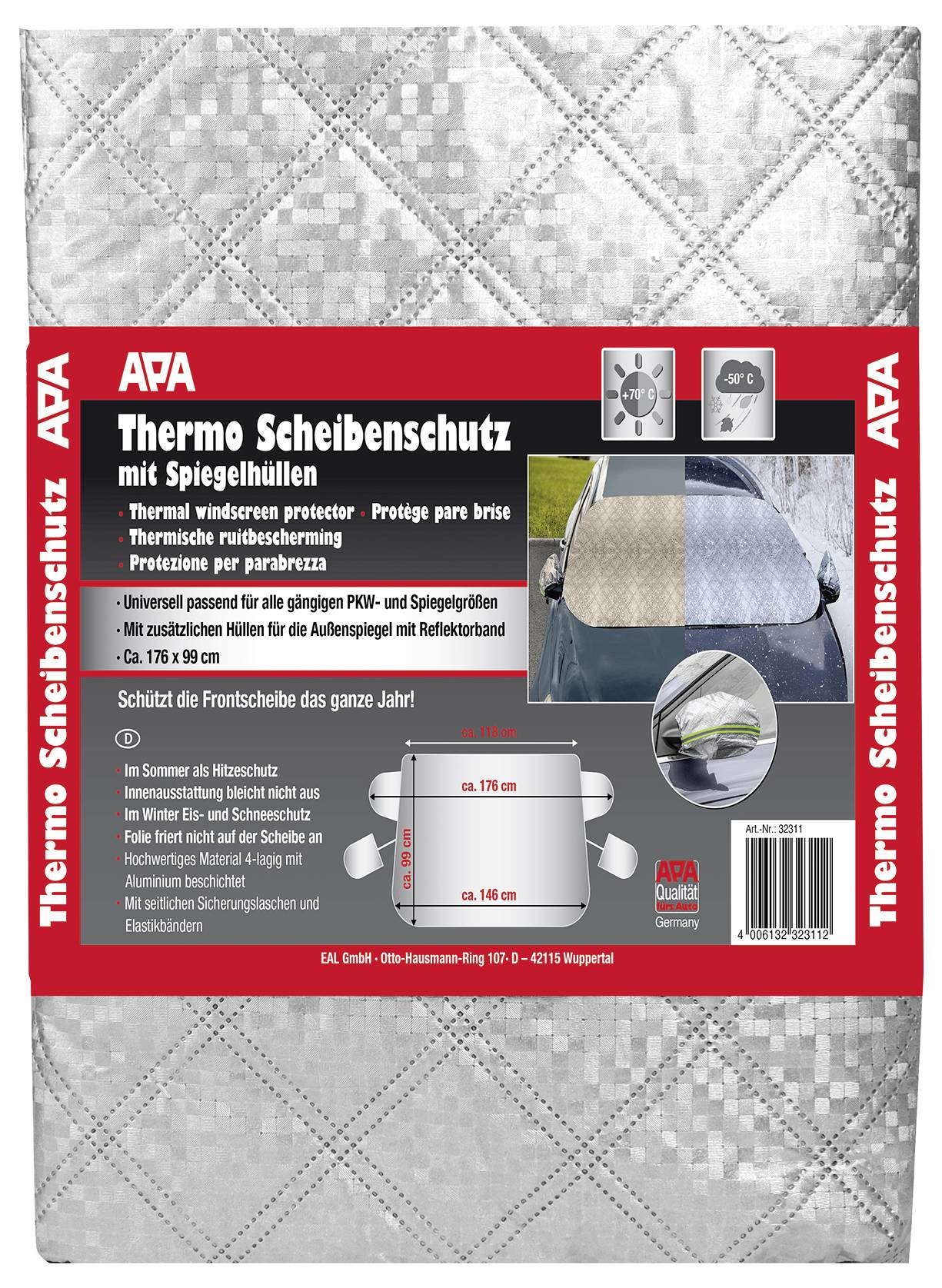 "Thermo Scheibenschutz mit Spiegelhüllen" Verpackung, zeigt eine Autoscheiben-Abdeckung, Abmessungen 176x93 cm, schützt vor Frost und Hitze.