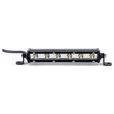Eine LED-Lichtleiste mit sechs runden Leuchten in einer Reihe, montiert auf einem schwarzen Metallrahmen mit Halterungen.