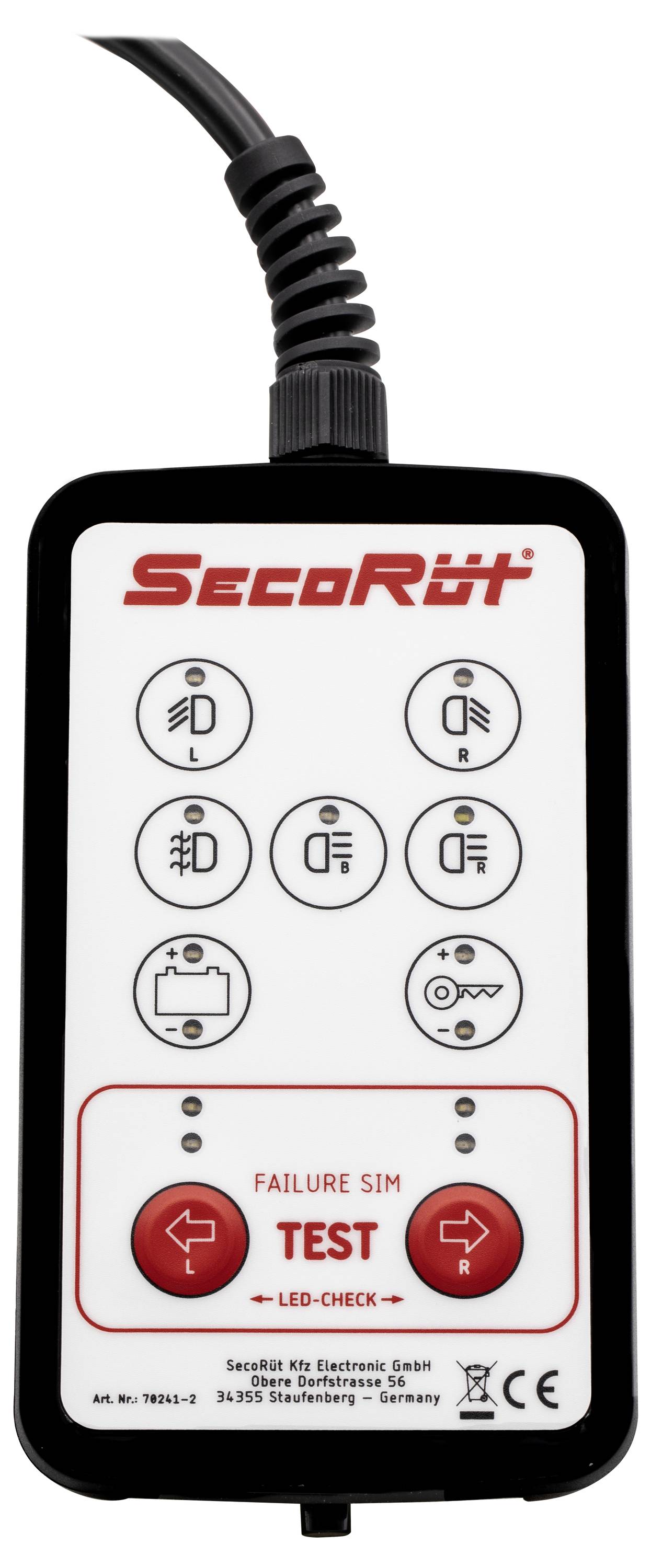 Ein weißes Gerät mit einem Kabel mit der Bezeichnung „SecoRüt" verfügt über mehrere Tasten. Die Tasten „Test" und „Failure SIM" sind rot hervorgehoben.