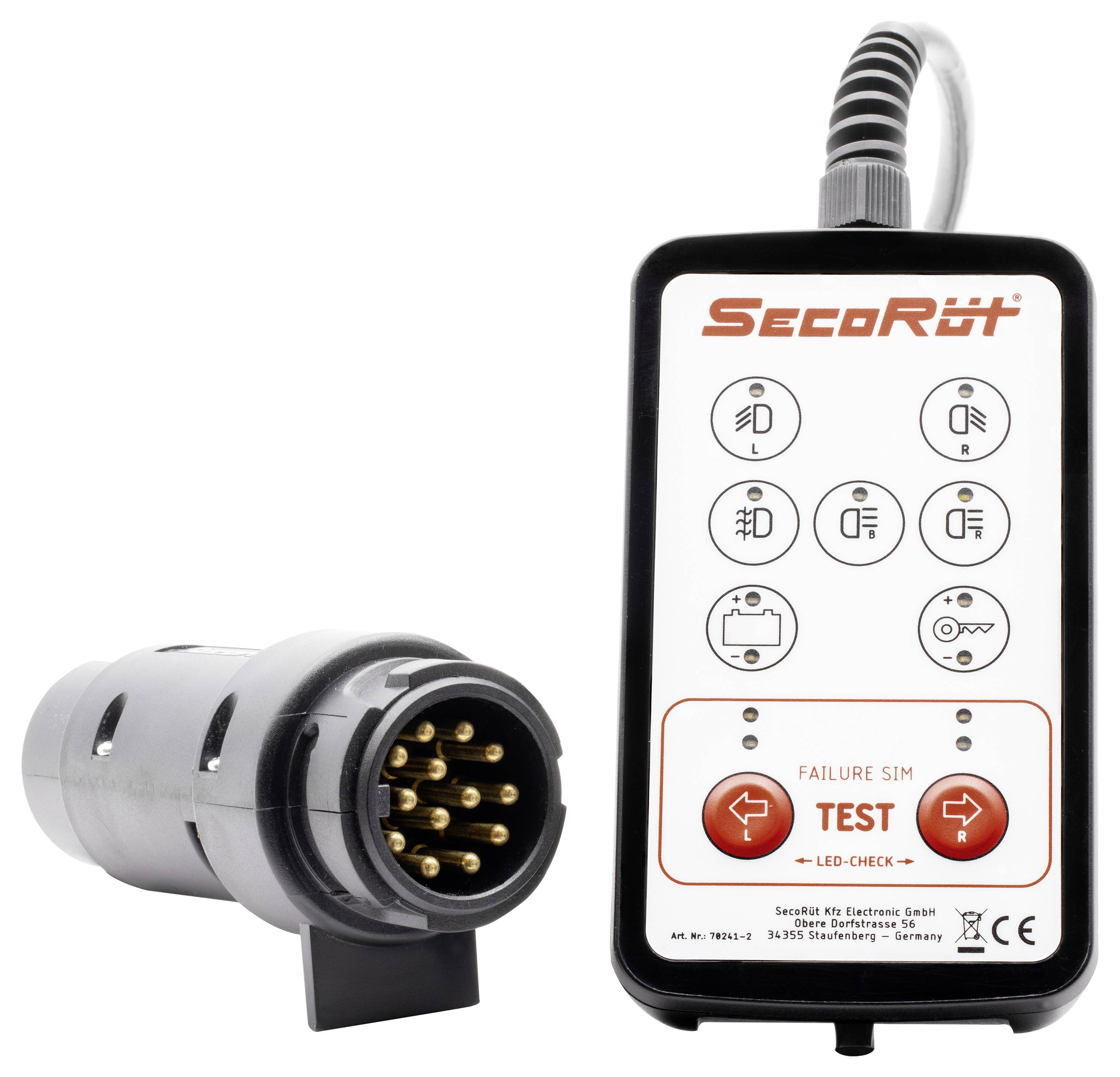 Ein Anhängerstecker-Tester mit mehreren Funktionssymbolen und einer 'TEST'-Taste zum Überprüfen von Anhängerlichtverdindungen.