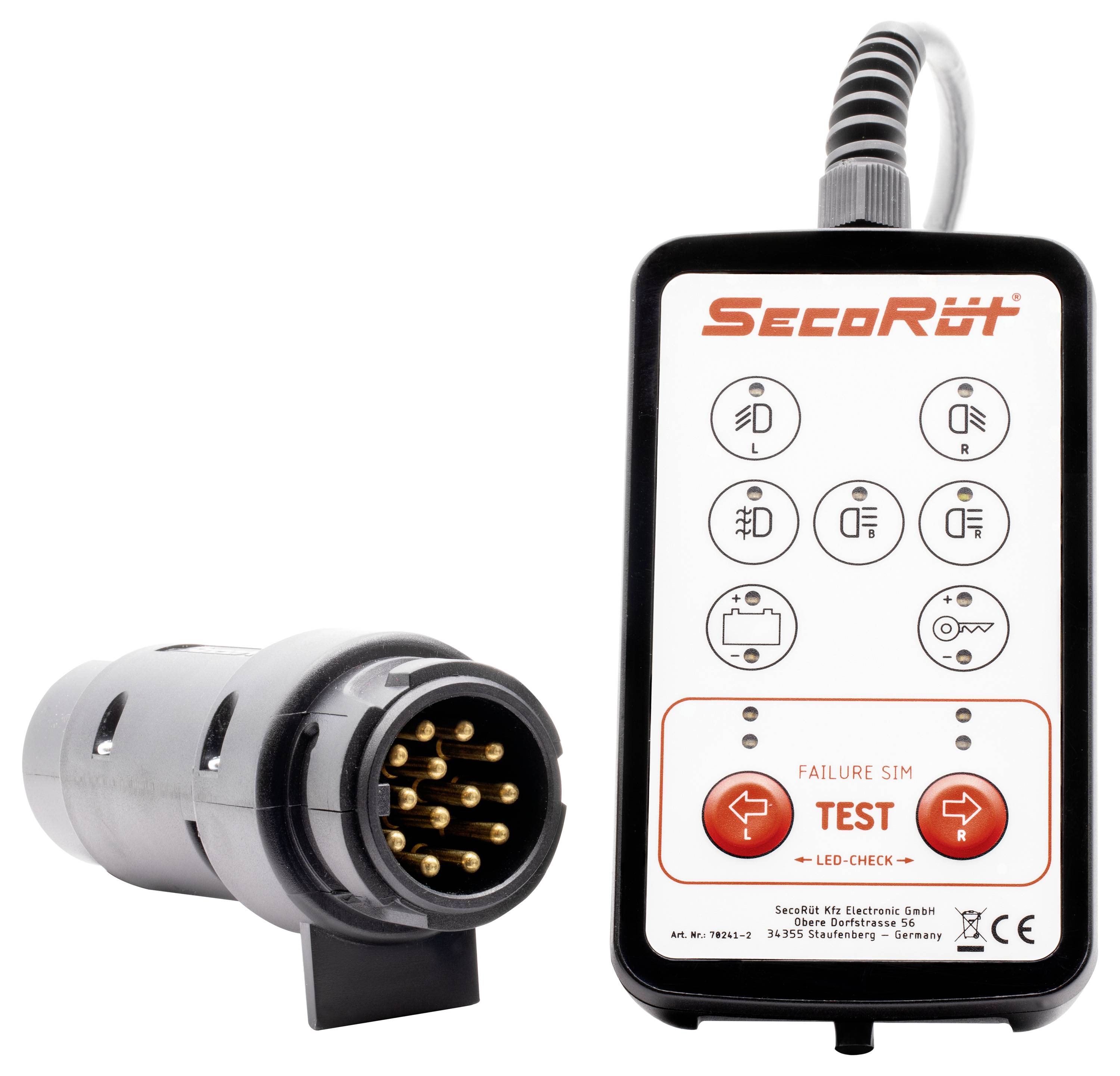 „SecoRüt" Anhängersteckertester mit mehreren Symbolen, die verschiedene Anschlusstypen anzeigen. Das Gerät verfügt über einen „TEST"-Knopf und LED-Indikatoren.