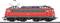 Eine rote elektrische Zuglokomotive mit 'DB' Logo, die auf einem Eisenbahngleis steht. Die Lokomotive weist auffällige schwarze Kabel und Metalldetails auf.