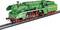 Grüne und rote Dampflokomotive im Vintage-Stil auf Eisenbahnschienen, mit detaillierten Rädern und Motorkomponenten, nach rechts gerichtet.