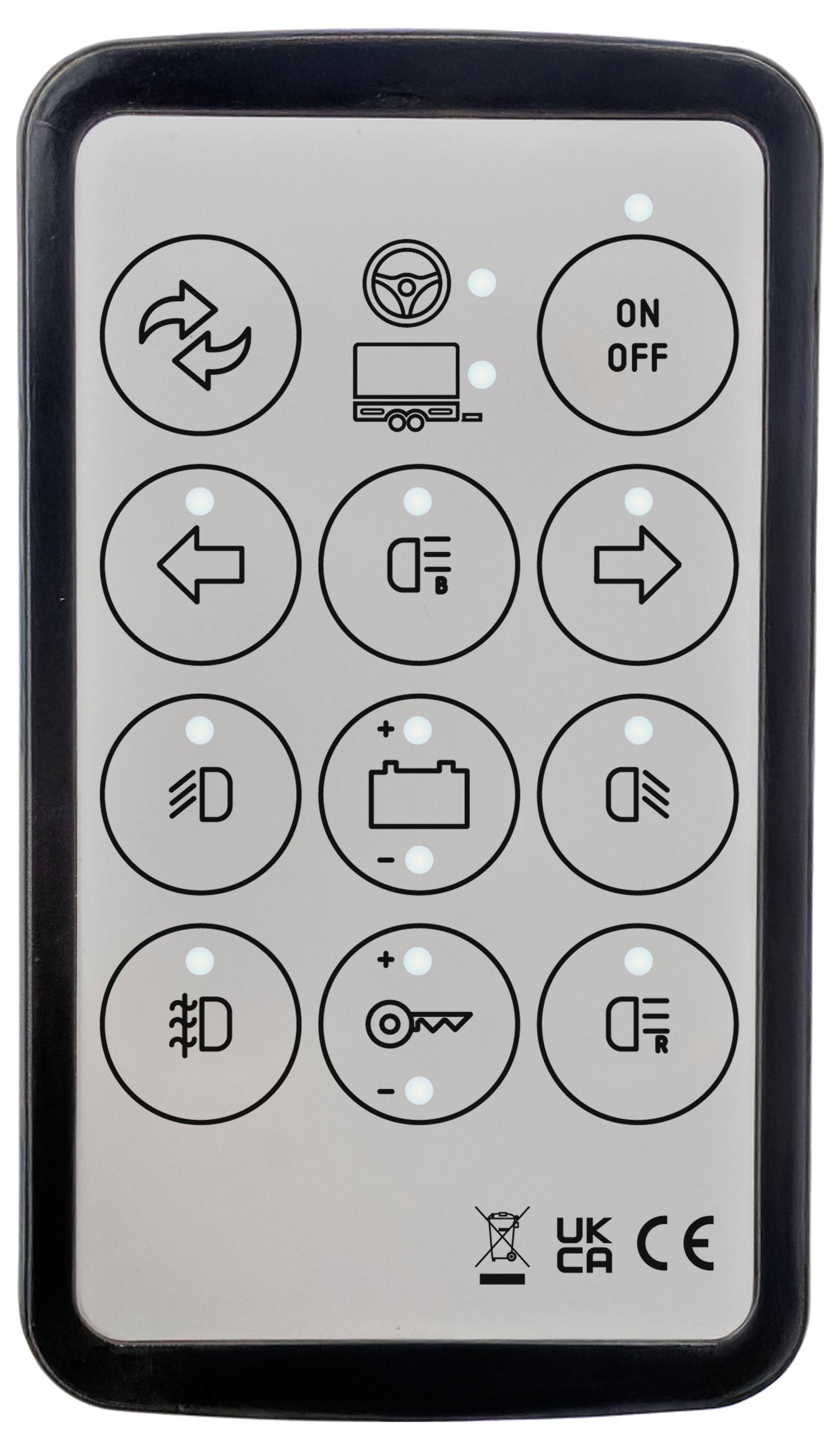 Ein rechteckiges Bedienfeld mit Fernbedienung, das 12 kreisförmige Tasten mit Symbolen für Lenkung, Scheinwerfer, Batterieanzeiге und andere Fahrzeugfunktionen aufweist.