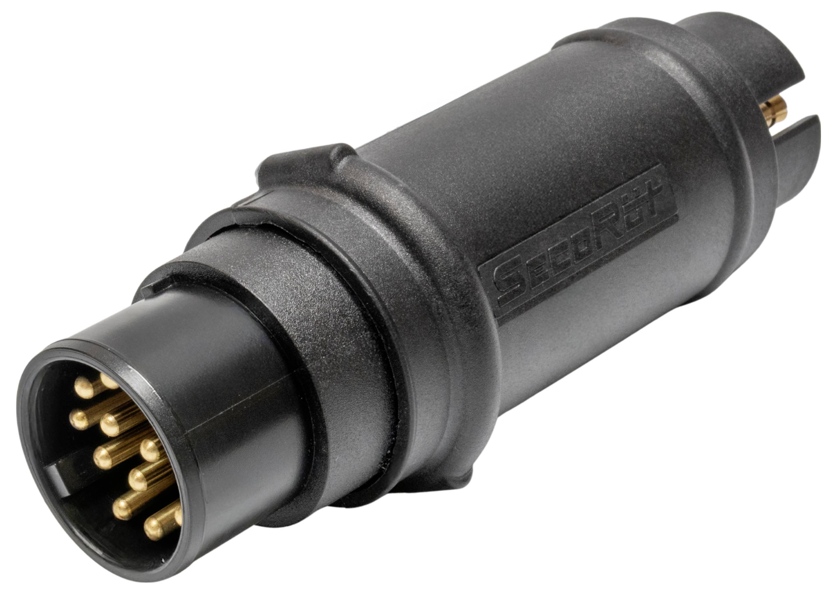 Ein schwarzer zylindrischer elektrischer Anschluss mit mehreren Goldstiften, der zum Verbinden von Geräten mit Stromquellen oder Signalübertragern verwendet wird.