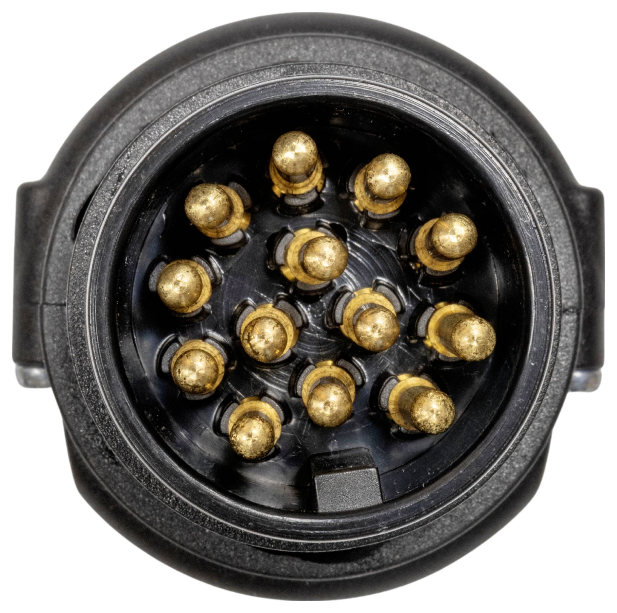 Eine Nahaufnahme eines kreisförmigen Anschlusses mit 13 vergoldeten Kontaktstiften, der für elektrische Verbindungen in verschiedenen elektronischen Geräten und Systemen verwendet wird.