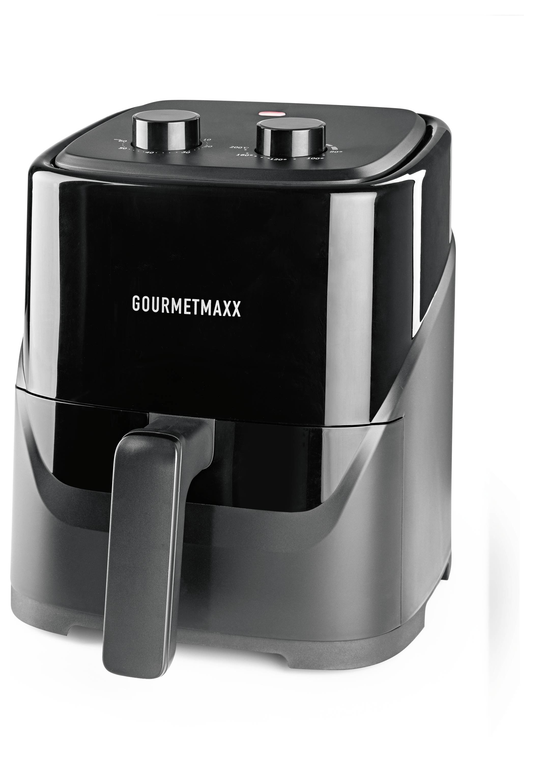 Ein schwarzer Heißluftfritteuse mit der Aufschrift 'GOURMETMAXX' auf der Vorderseite, ausgestattet mit einem Griff und zwei Steuerungsdrehreglern auf der Oberseite.