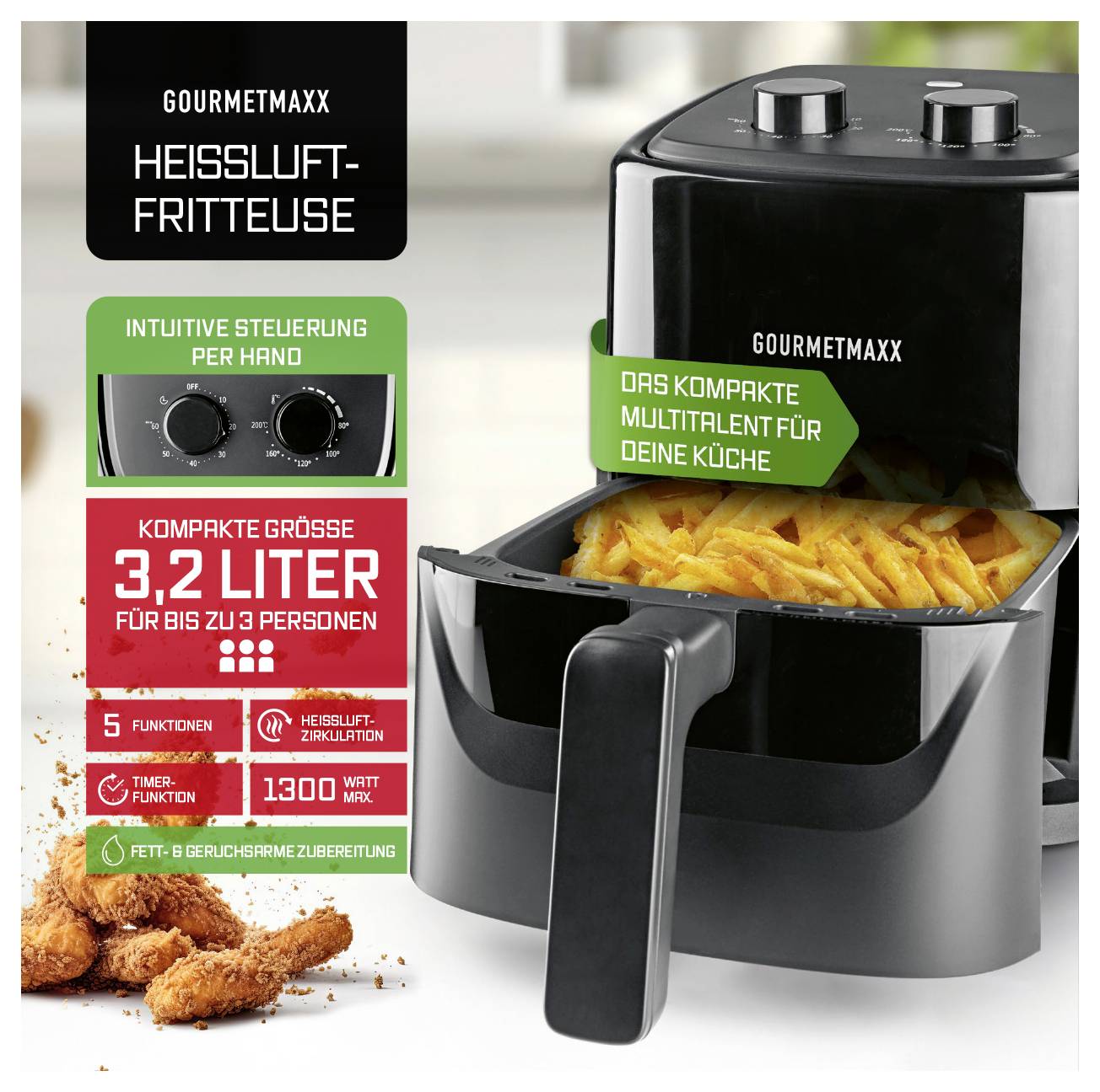 Ein Heißluftfritteur mit Pommes im Korb. Text liest sich "GOURMETmaxx HEISSLUFT-FRITTEUSE", mit hervorgehobenen Merkmalen: "3,2 LITER", "1300 WATT" und weiteren Kochfunktionen.