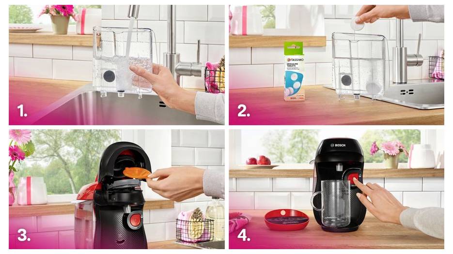 Vierstufiger Prozess zur Nutzung einer Kaffeemaschine: 1. Wassertank füllen. 2. Kaffeekapse einlegen. 3. Kapselhalter einsetzen. 4. Starttaste drücken.