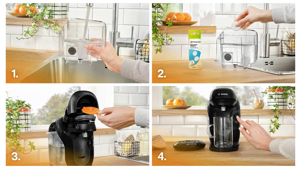Schritt-für-Schritt-Anleitung zur Verwendung einer Kaffeemaschine: 1. Wassertank füllen. 2. Eine Kapsel auswählen. 3. Kapsel einsetzen. 4. Kaffee in eine Tasse brühen.
