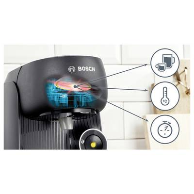 Eine Kaffeemaschine mit hervorgehobenen Komponenten, die Temperaturregelung, Tassengrößenoptionen und schnelle Brühzeiten veranschaulicht.