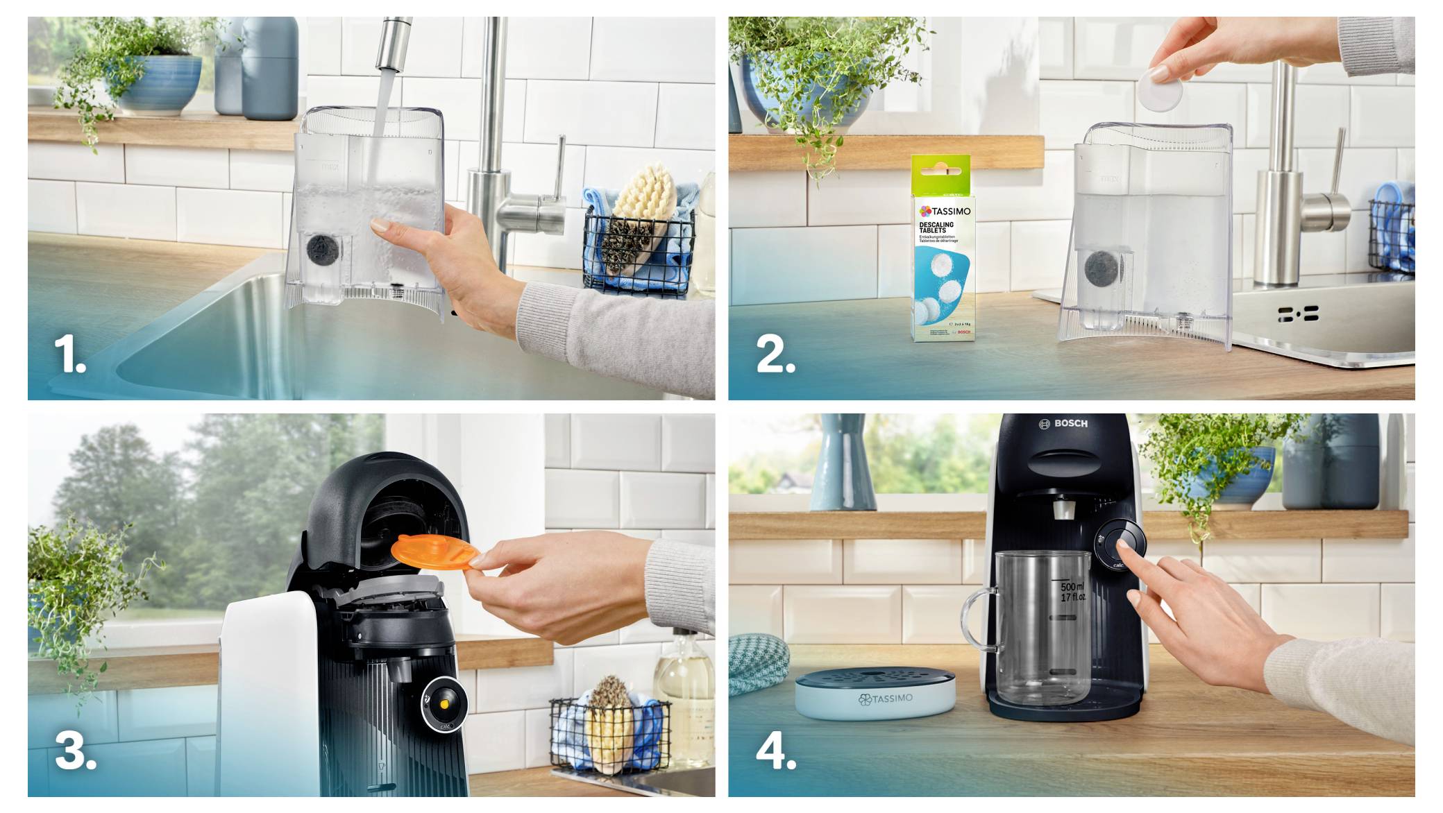 Vierschrittanleitung zur Reinigung einer Kaffeemaschine: 1. Wassertank mit Wasser füllen. 2. Reinigungstablette hinzufügen. 3. Kapsel in die Maschine einlegen. 4. Reinigungsprozess starten.