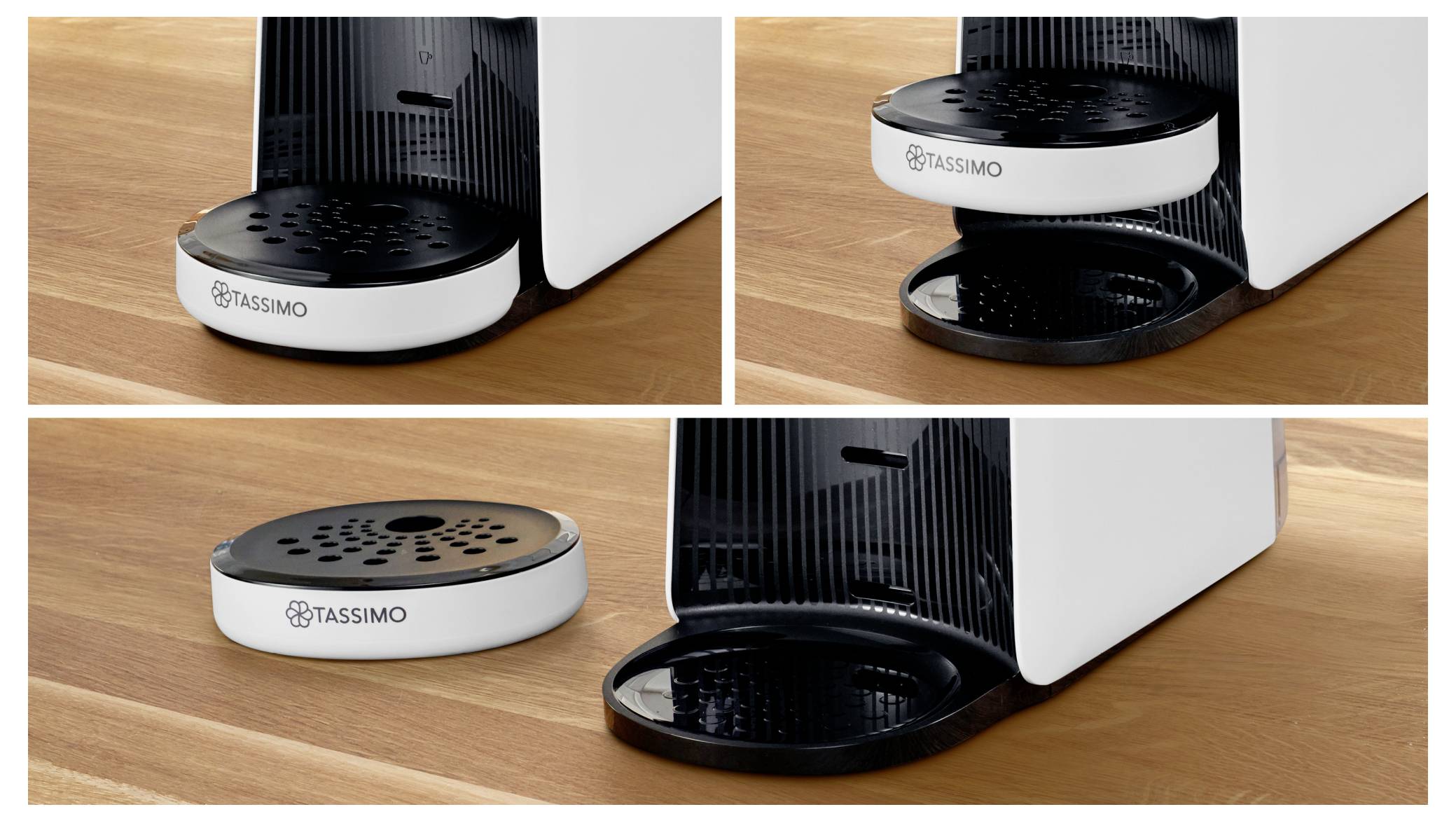 Eine Kaffeemaschine mit einem abnehmbaren Abtropfblech, die in drei Stufen gezeigt wird: angebracht an der Maschine, leicht geöffnet und vollständig entfernt.