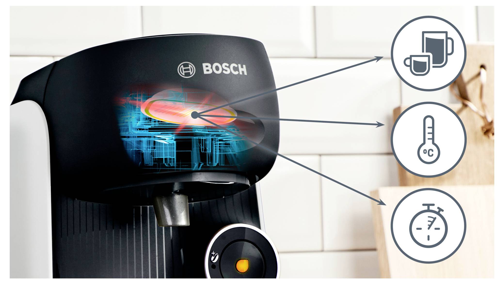 Kaffeemaschine zeigt Aufheizvorgang mit Symbolen für Tassengröße, Temperatur und Geschwindigkeitsfunktionen.