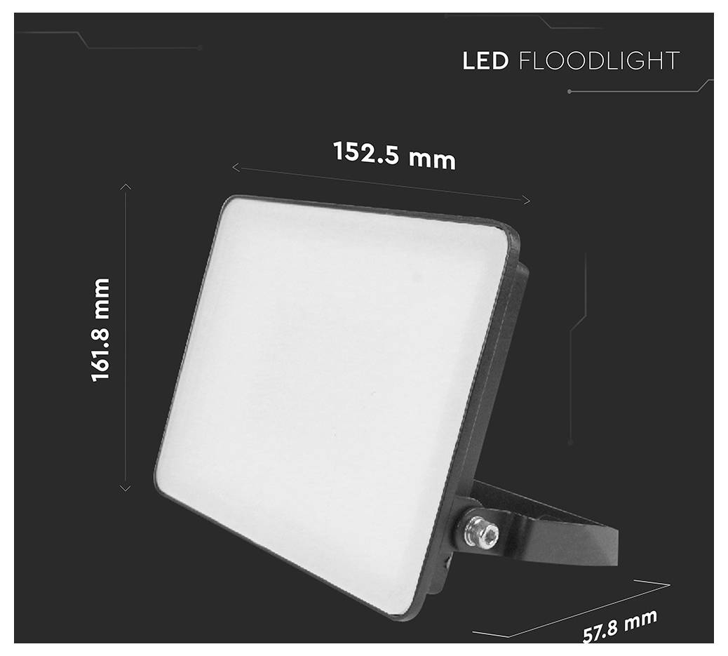 LED-Flutlicht mit Abmessungen: Höhe 161,8 mm, Breite 152,5 mm, Tiefe 57,8 mm.