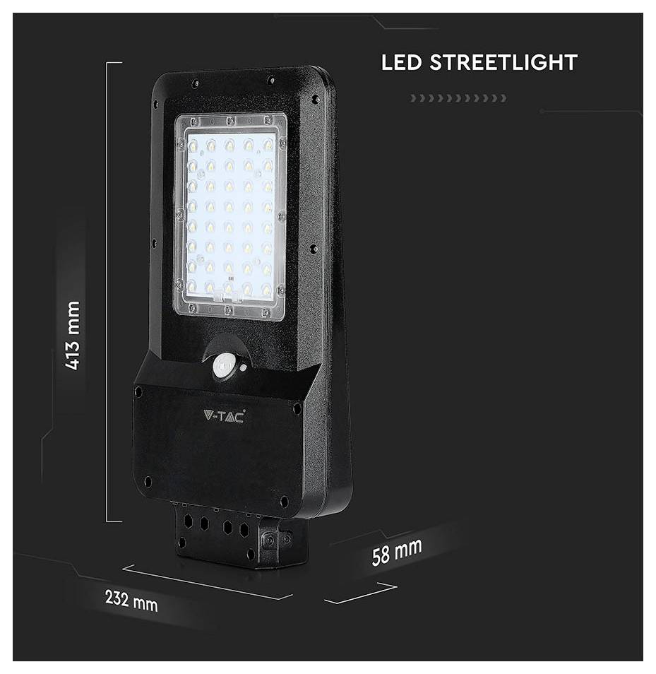 LED-Straßenlaterne mit Abmessungen: 413 mm Höhe, 232 mm Breite, 58 mm Tiefe, in einem schwarzen Gehäuse dargestellt.