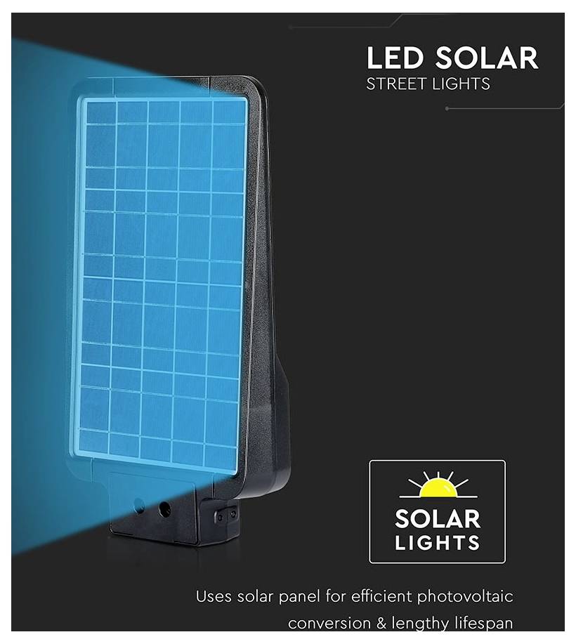 Eine Solarstraßenlaterne mit einer beleuchteten Solarzelle, beschriftet mit ‚LED-Solarstraßenleuchten'. Der Text besagt, dass sie effizient bei der Umwandlung ist und eine lange Lebensdauer hat.