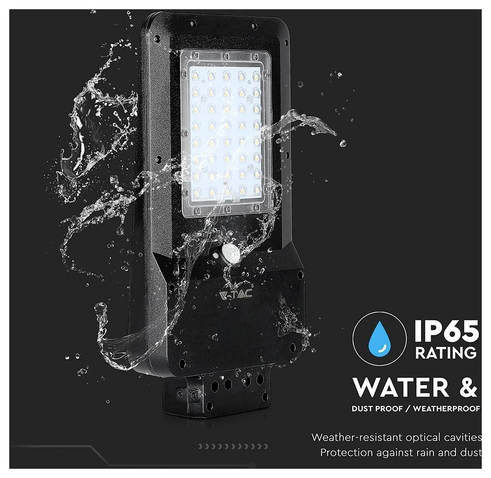 Eine Outdoor-Leuchte, die ihre IP65-Bewertung für Wasser- und Staubdichtigkeit zeigt, mit Wasserspitzen, die ihre Wetterbeständigkeit veranschaulichen.
