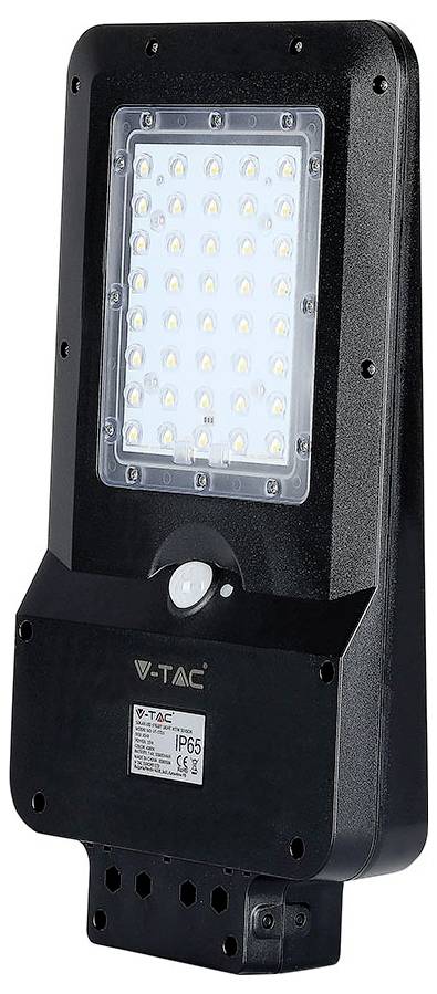 Eine schwarze LED-Straßenlaterne mit einer rechteckigen Anordnung von LED-Lampen und einem Bewegungssensor von 'V-TAC'.