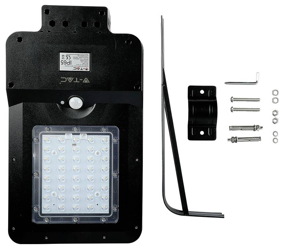 Wandmontierte LED-Sicherheitsleuchte mit schwarzem Metallgehäuse, ausgestattet mit einem Bewegungssensor und LED-Panel, inklusive Befestigungsmaterial und Halterung.