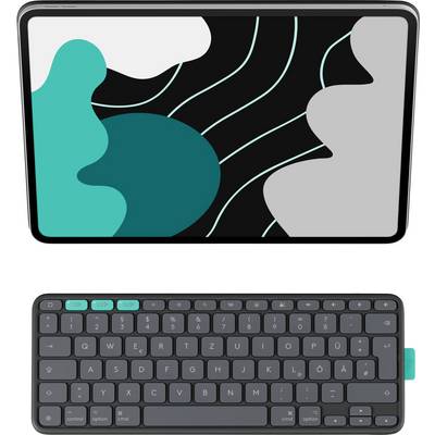 Ein Tablet mit einem abstrakten grün-schwarzen Design auf dem Bildschirm, kombiniert mit einer kompakten Tastatur, die Tasten mit türkisfarbenen Akzenten hat.
