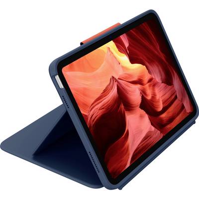 Ein Tablet in einem blauen Gehäuse zeigt ein leuchtendes Bild einer roten Felsschlucht auf seinem Bildschirm, das auf einem Ständer zur Ansicht platziert ist.