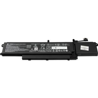 Eine rechteckige Laptop-Batterie mit Etiketten und Spezifikationen auf ihrer Oberfläche, einschließlich Spannung, Kapazität und Sicherheitssymbolen.