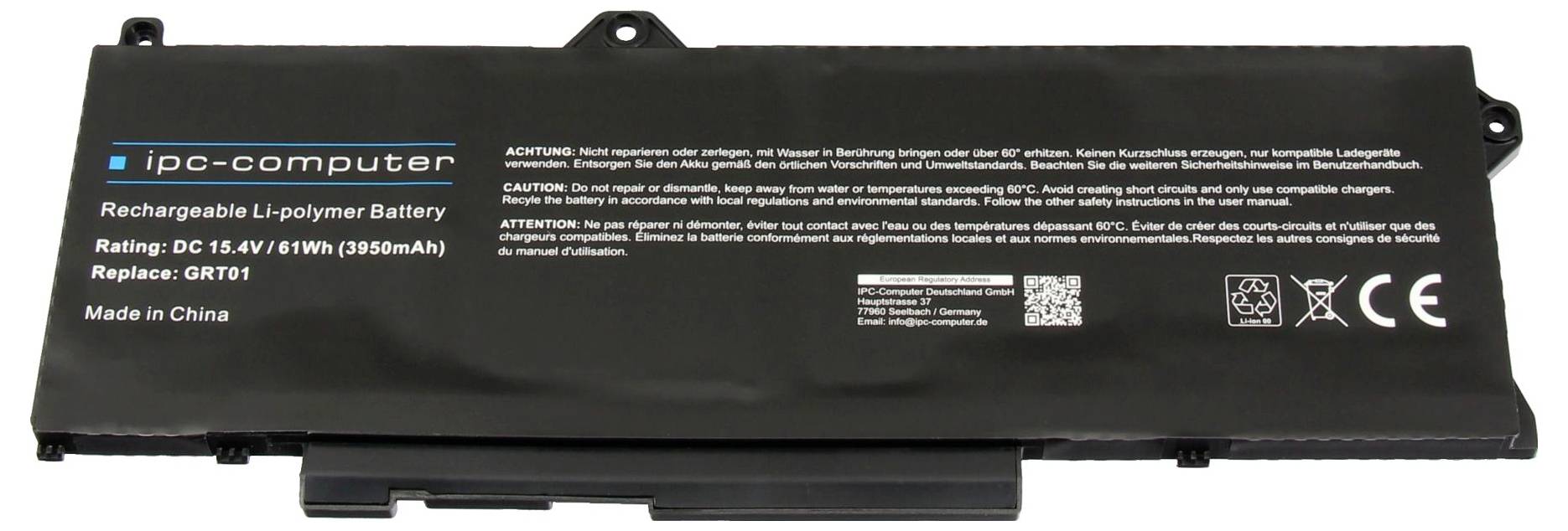 Eine wiederaufladbare Li-Polymer-Batterie mit der Bezeichnung 'ipc-computer' und der Modellnummer GRT01, ausgelegt für 15,4V Gleichstrom/61Wh (3950mAh), hergestellt in China.