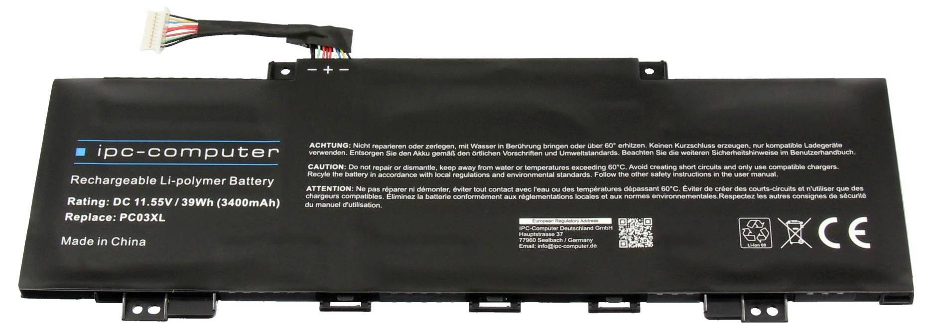 Laptop-Akku mit der Bezeichnung 'ipc-computer', Modell 'Replace PG03XL', 11,55V, 39Wh, 3400mAh. Schwarzes Gehäuse mit technischen und Sicherheitshinweisen.