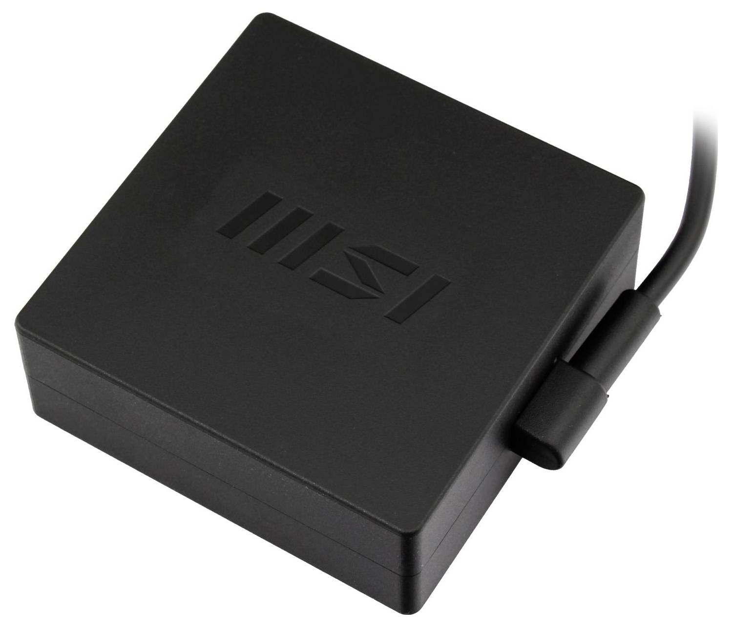 Ein schwarzes Netzteil mit einem MSI-Logo in der Mitte, das ein Kabel hat, das sich von der rechten Seite erstreckt.