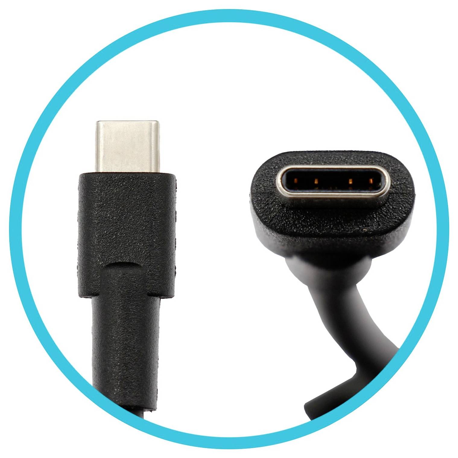 Zwei Ansichten eines schwarzen USB-C-Kabels: Seitenansicht mit Stecker, Frontansicht des Anschlusses mit türkisfarbener Kreisbegrenzung.