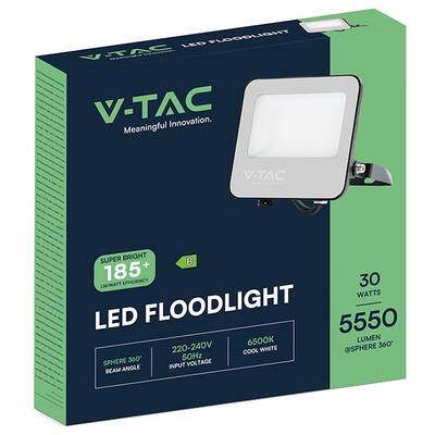Grüne Verpackungsbox für einen V-TAC LED-Flutlichtstrahler, mit Hervorhebung von Merkmalen wie „Extrem hell", 30 Watt, 5550 Lumen, 6500K Kaltweißlicht.