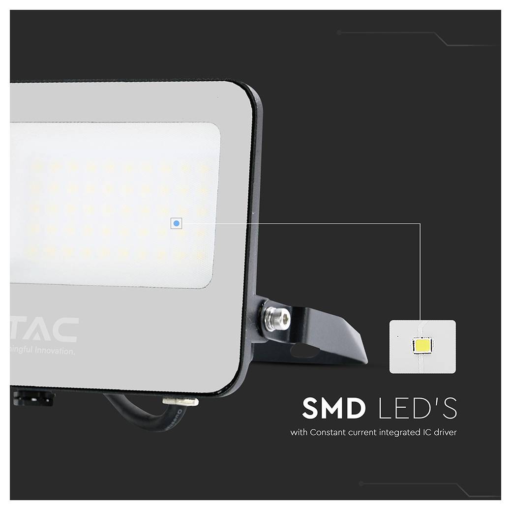 Ein rechteckiges LED-Licht mit vielen kleinen, quadratischen lichtemittierenden Oberflächen ist zu sehen. Der Text lautet "SMD-LEDs" und erwähnt einen Konstantstrom-IC-Treiber.