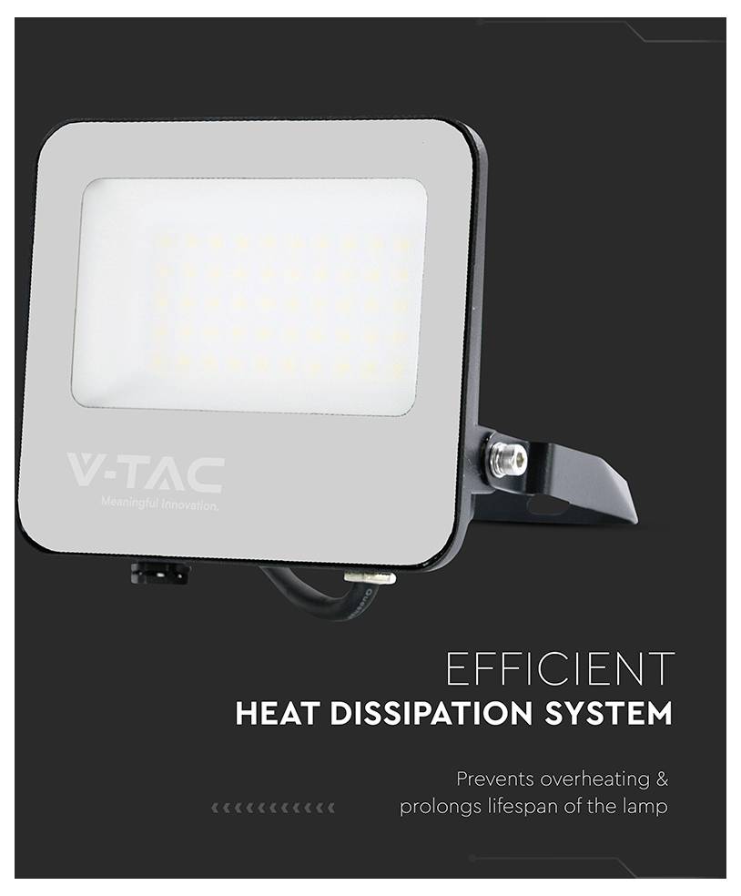 Eine rechteckige LED-Lampe mit effizientem Wärmeableitungssystem, der Marke 'V-TAC'. Der Text besagt, dass sie Überhitzung verhindert und die Lebensdauer verlängert.