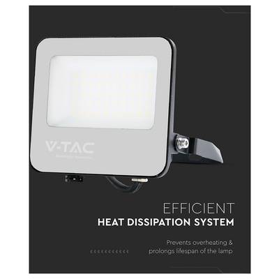 Eine rechteckige LED-Lampe mit effizientem Wärmeableitungssystem, der Marke 'V-TAC'. Der Text besagt, dass sie Überhitzung verhindert und die Lebensdauer verlängert.