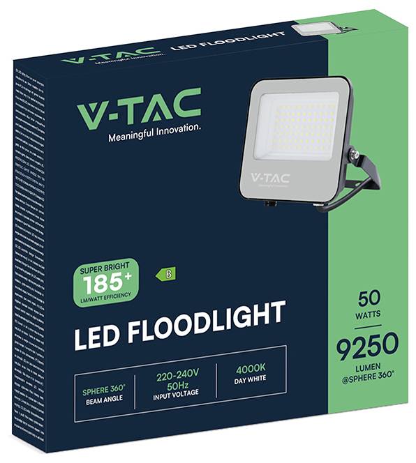 V-TAC LED-Flutlicht-Verpackung zeigt Produktbild, Energieeffizienzklasse B, 50 Watt Leistung, 9250 Lumen, 4000K Tageslicht, mit 120-240V Eingangsspannung.