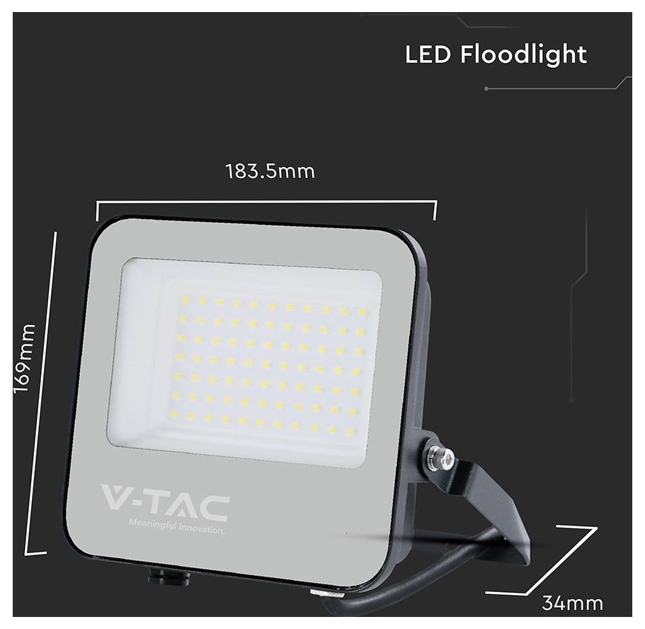 LED-Flutlicht-Aufnahme zeigt eine rechteckige Leuchte mit einem Raster aus kleinen LED-Lampen. Abmessungen: 183,5 mm breit, 169 mm hoch, 34 mm tief.