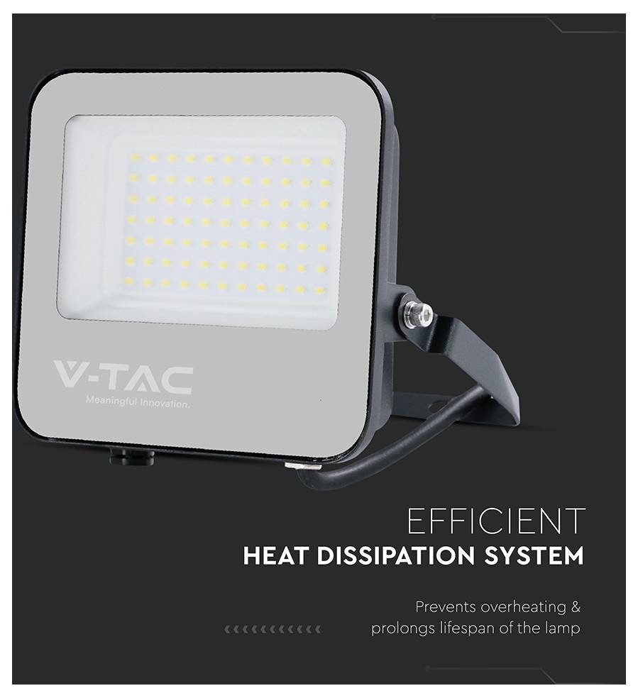 V-TAC LED-Scheinwerfer mit schwarzem Rahmen und zahlreichen kleinen LEDs. Text lautet: "Effizientes Wärmeableitungssystem. Verhindert Überhitzung & verlängert die Lebensdauer der Lampe."