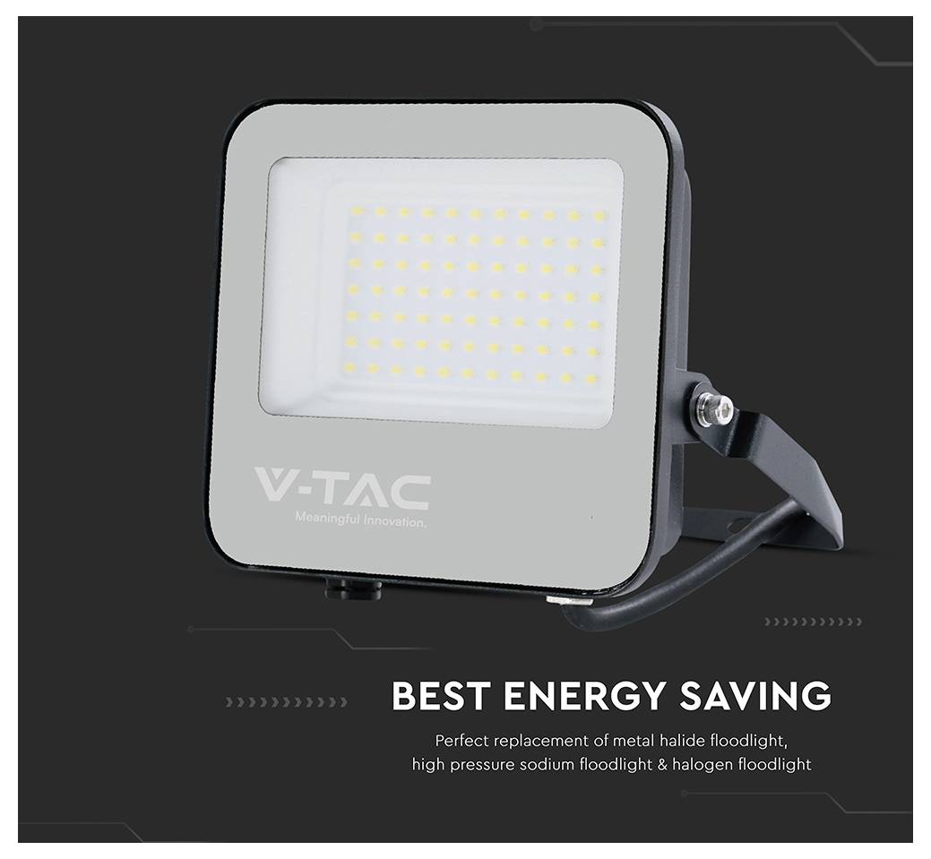 Eine rechteckige LED-Flutlichtstrahler mit der Markenbezeichnung 'V-TAC', montiert auf einem verstellbaren Halterung. Der Text lautet 'Beste Energieeinsparung' als Merkmal.
