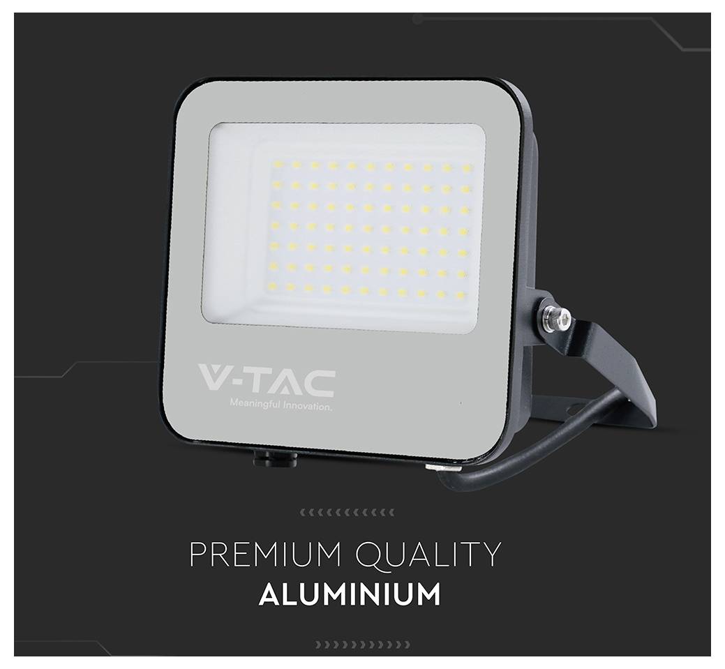Eine Flutlichtlampe mit rechteckiger Form, mit der Aufschrift 'V-TAC', vor einem dunklen Hintergrund. Text darunter liest sich 'Premium Qualität Aluminium'.