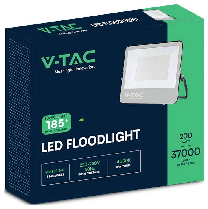 V-TAC LED-Scheinwerfer mit Bild des Scheinwerfers auf der Verpackung. Merkmale: super hell 185+ Lumen, 200 Watt, 37.000 Lumen, 4000K Tageslicht-Weiß.