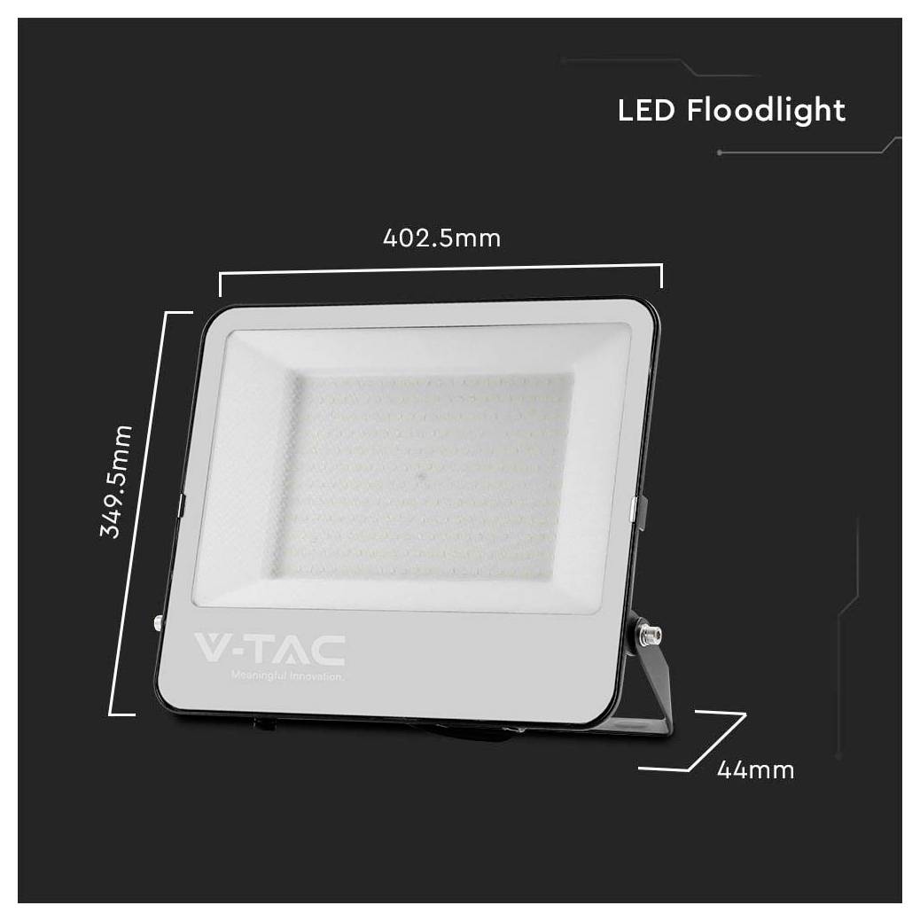 Ein rechteckiger LED-Scheinwerfer mit beschrifteten Abmessungen: 402,5 mm Breite, 349,5 mm Höhe und 44 mm Tiefe, vor einem dunklen Hintergrund dargestellt.