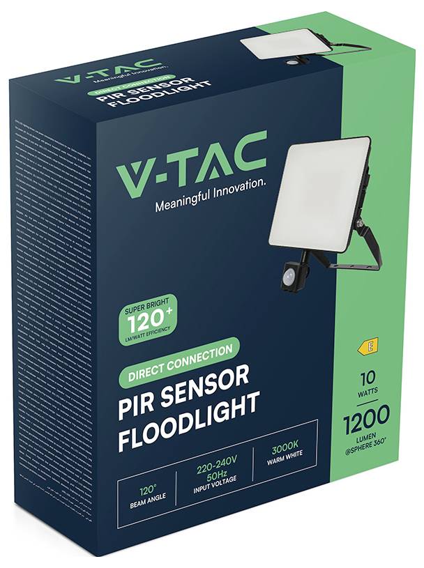 Karton des V-TAC PIR-Sensor-Flutlichts mit Hervorhebung der Eigenschaften: extrem hell mit 120° Abstrahlwinkel, 10 Watt, 1200 Lumen, 3000K warmweiß.