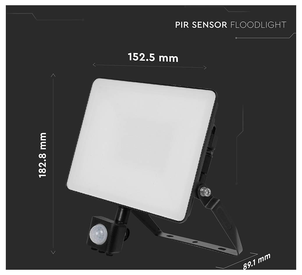 Flutlicht mit PIR-Sensor, Abmessungen: 152,5 mm Breite, 182,8 mm Höhe, 89,1 mm Tiefe, auf schwarzem Hintergrund dargestellt.