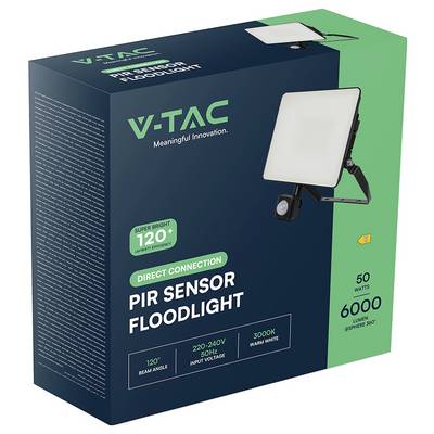 Verpackung eines V-TAC PIR-Sensor-Flutlichtstrahlers mit 50 Watt, 6000 Lumen, 3000K warmweiß, 120° Abstrahlwinkel, Bewegungssensor.