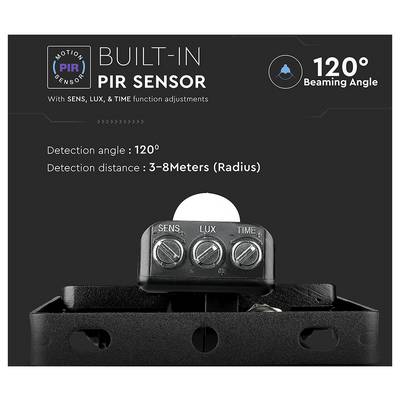 'Integrierter PIR-Sensor mit SENS-, LUX- und TIME-Einstellungen; 120° Strahlungswinkel; Erfassungswinkel: 120°, Distanz: 3-8 Meter (Radius).'