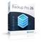 Verpackung von Ashampoo Backup Pro 26 Software, mit einem stilisierten blauen digitalen Stapelsymbol und Schlüsselfunktionen: Einfache Sicherung, Cloud-Unterstützung, Multigerätezugriff.