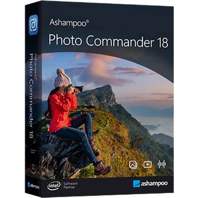 Verpackung von 'Ashampoo Photo Commander 18' mit einem Fotografen in einer roten Jacke, der eine Berglandschaft bei Sonnenaufgang mit pastellfarbenen Himmel aufnimmt.