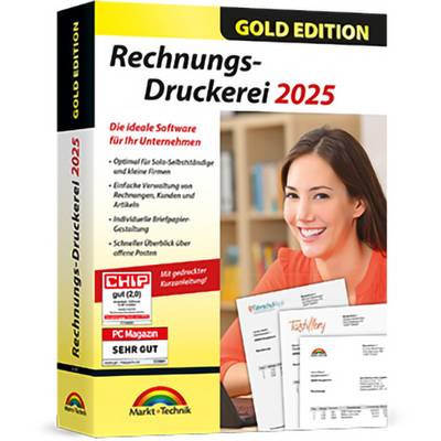 'Gold Edition Rechnungs-Druckerei 2025' Software-Box mit einer lächelnden Frau. Text: 'Die ideale Software für Ihr Unternehmen'
